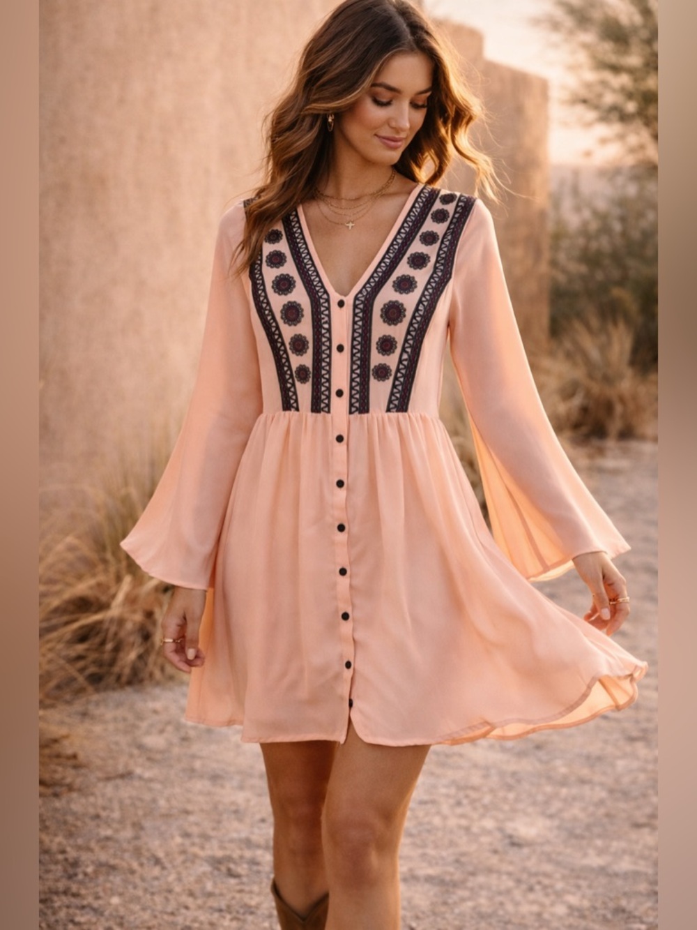 Embroidered Boho Mini Dress Peach Bell Sleeve Festival Coastal Cowgirl Medium